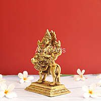 Handcrafted Goddess Durga idol in Pure Brass Devi Maa Sitting On The Lion - 7 Inch Height