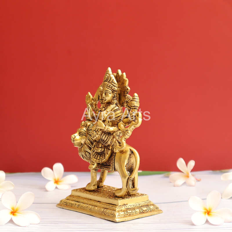 Handcrafted Goddess Durga idol in Pure Brass Devi Maa Sitting On The Lion - 7 Inch Height
