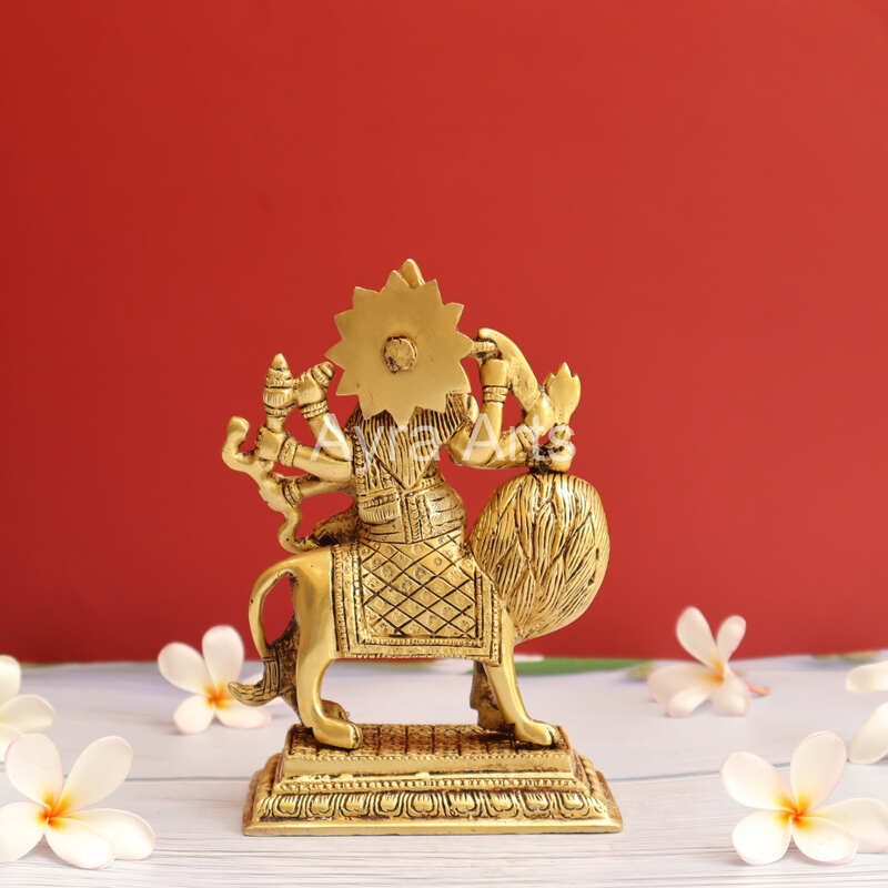 Handcrafted Goddess Durga idol in Pure Brass Devi Maa Sitting On The Lion - 7 Inch Height