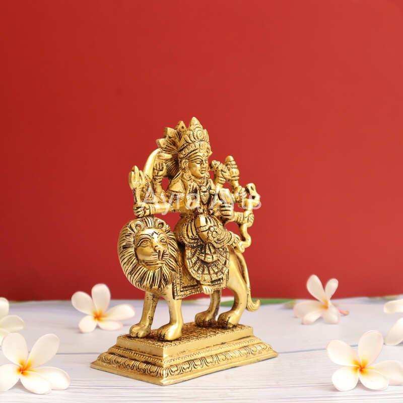 Handcrafted Goddess Durga idol in Pure Brass Devi Maa Sitting On The Lion - 7 Inch Height