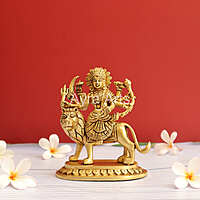 Handcrafted Goddess Durga idol in Pure Brass Devi Maa Sitting On The Lion - 5.5 Inch Height