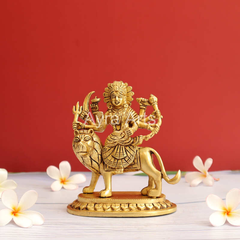 Handcrafted Goddess Durga idol in Pure Brass Devi Maa Sitting On The Lion - 5.5 Inch Height