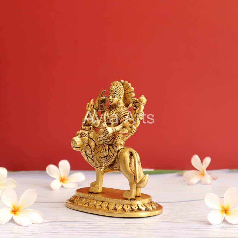 Handcrafted Goddess Durga idol in Pure Brass Devi Maa Sitting On The Lion - 5.5 Inch Height
