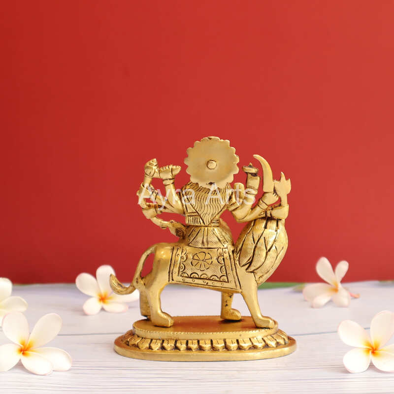 Handcrafted Goddess Durga idol in Pure Brass Devi Maa Sitting On The Lion - 5.5 Inch Height