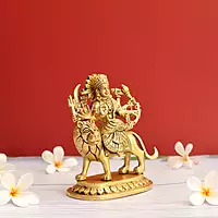 Handcrafted Goddess Durga idol in Pure Brass Devi Maa Sitting On The Lion - 5.5 Inch Height