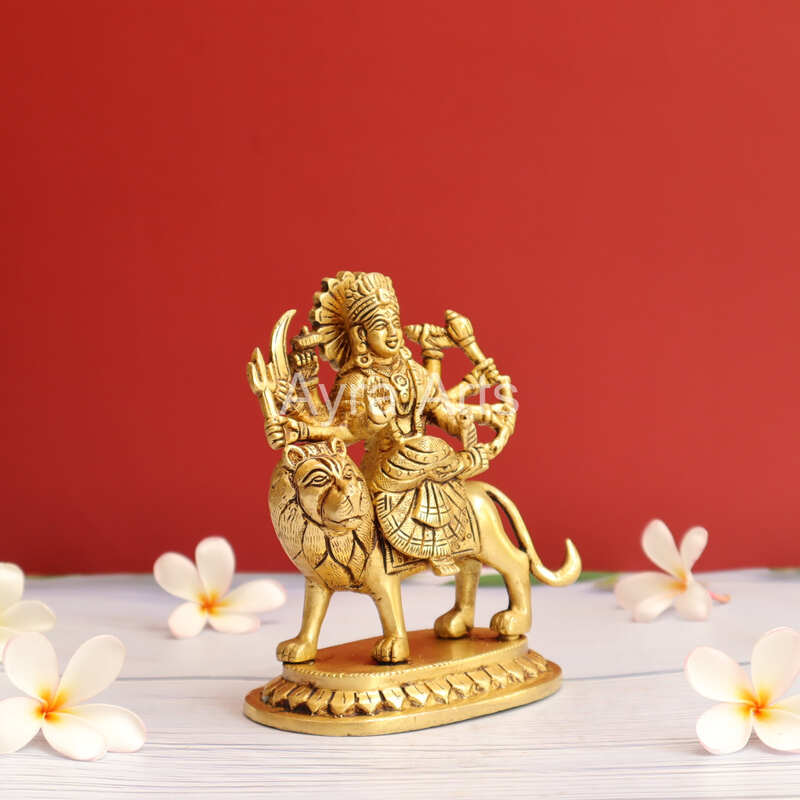 Handcrafted Goddess Durga idol in Pure Brass Devi Maa Sitting On The Lion - 5.5 Inch Height