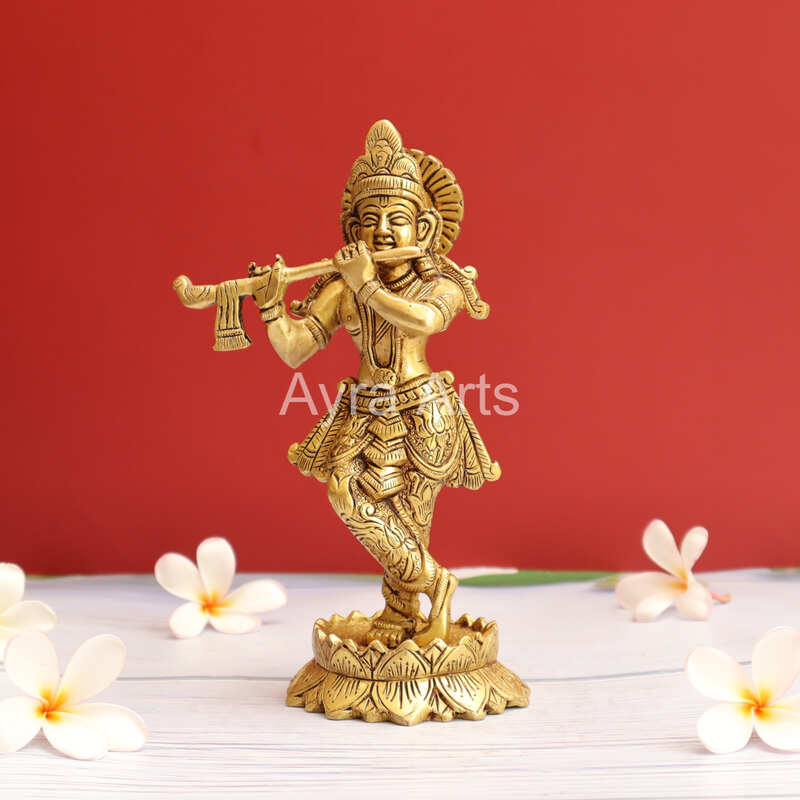 Lord Krishna Playing Flute Brass Statue  - 7.8 Inch Height