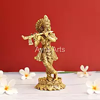 Lord Krishna Playing Flute Brass Statue  - 7.8 Inch Height