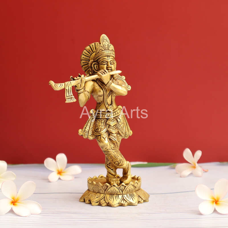 Lord Krishna Playing Flute Brass Statue  - 7.8 Inch Height