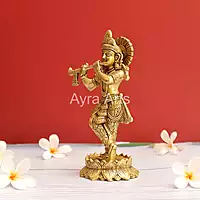 Lord Krishna Playing Flute Brass Statue  - 7.8 Inch Height