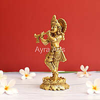 Lord Krishna Playing Flute Brass Statue  - 7.8 Inch Height