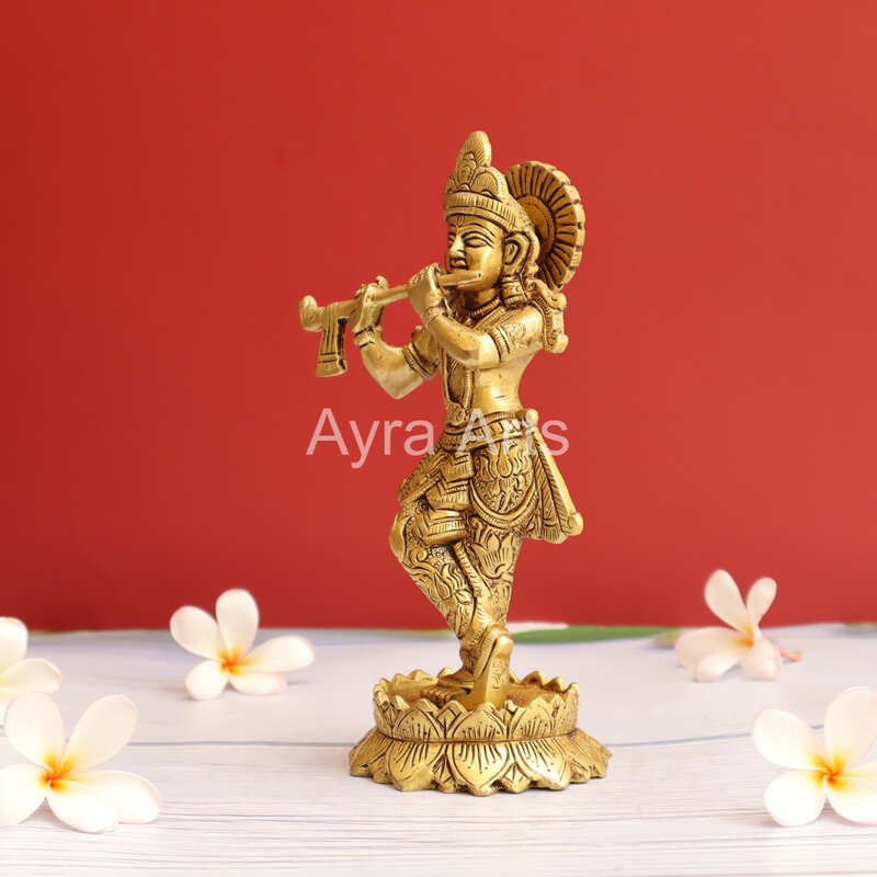 Lord Krishna Playing Flute Brass Statue  - 7.8 Inch Height