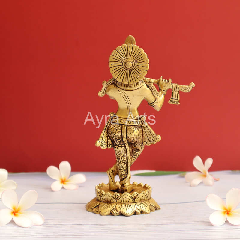 Lord Krishna Playing Flute Brass Statue  - 7.8 Inch Height