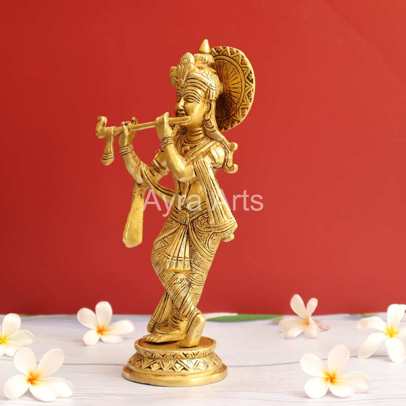 Brass Venu Gopal Krishna Playing Flute - 10.5 Inch Height