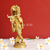 Brass Venu Gopal Krishna Playing Flute  - 10.5 Inch Height