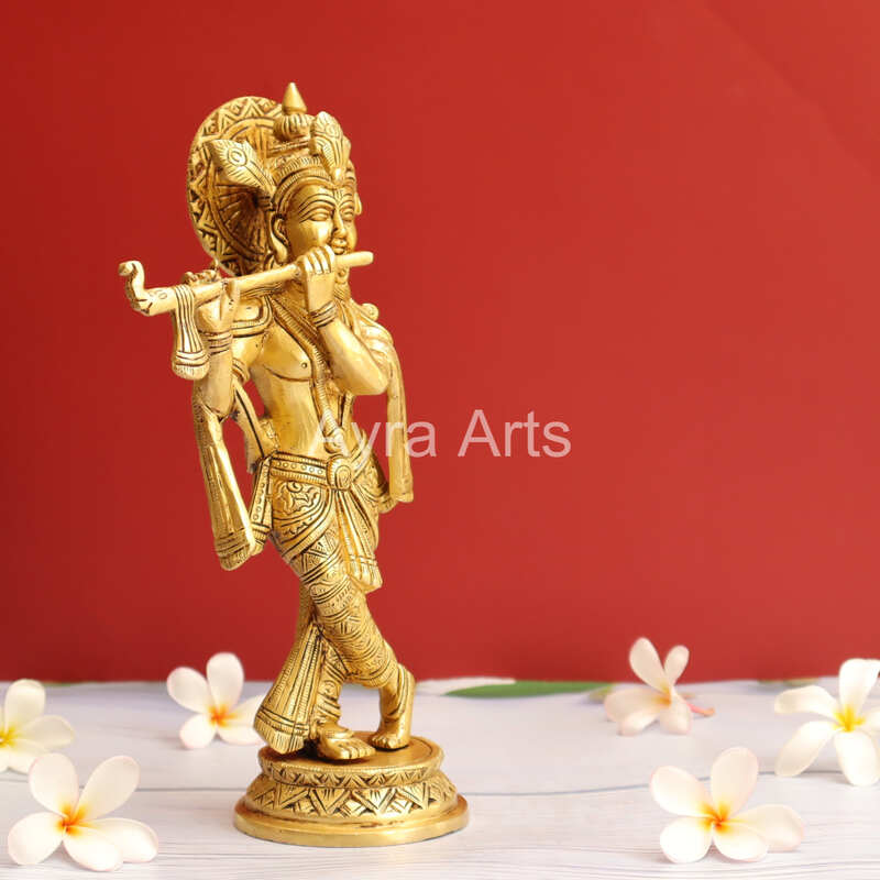 Brass Venu Gopal Krishna Playing Flute - 10.5 Inch Height