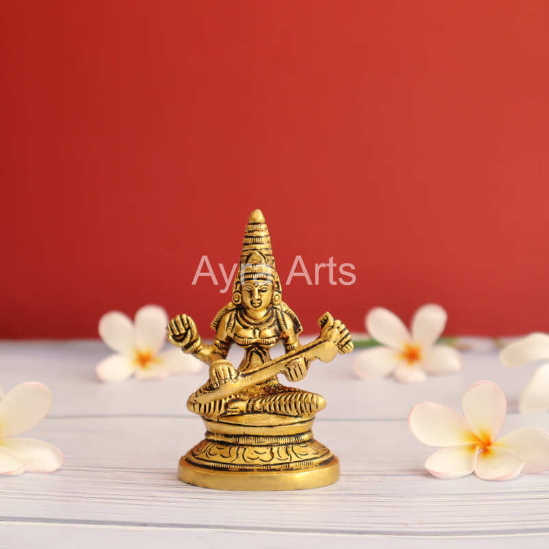 Brass Saraswati Devi Idol - 3.5 inch Height | Sacred Brass Saraswati Devi Idol for Knowledge and Wisdom