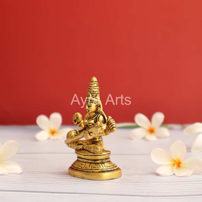 Brass Saraswati Devi Idol - 3.5 inch Height | Sacred Brass Saraswati Devi Idol for Knowledge and Wisdom