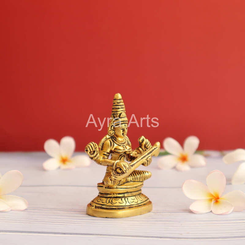 Brass Saraswati Devi Idol - 3.5 inch Height | Sacred Brass Saraswati Devi Idol for Knowledge and Wisdom