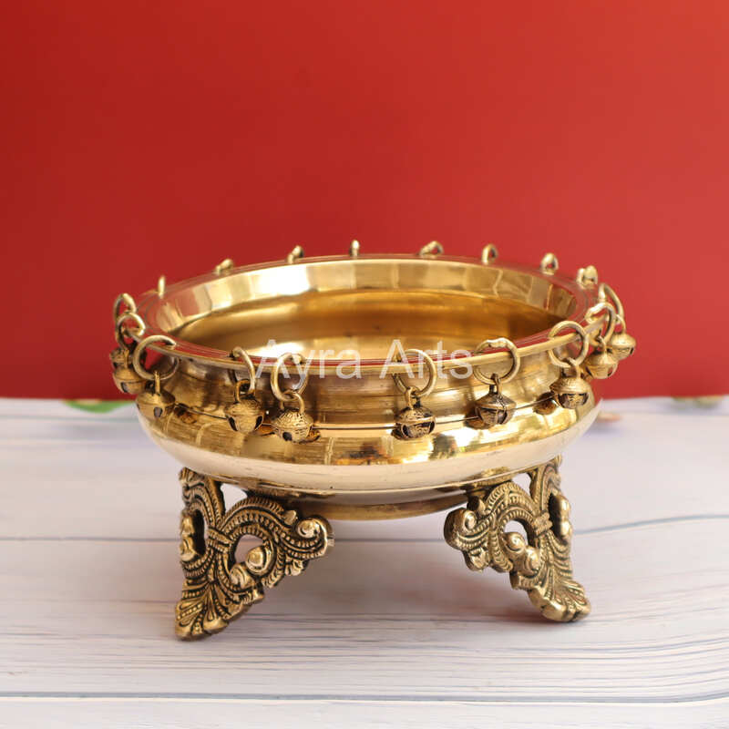Brass Ghungroo Urli with Stand Traditional bowl for flower decoration - 8 Inch Length