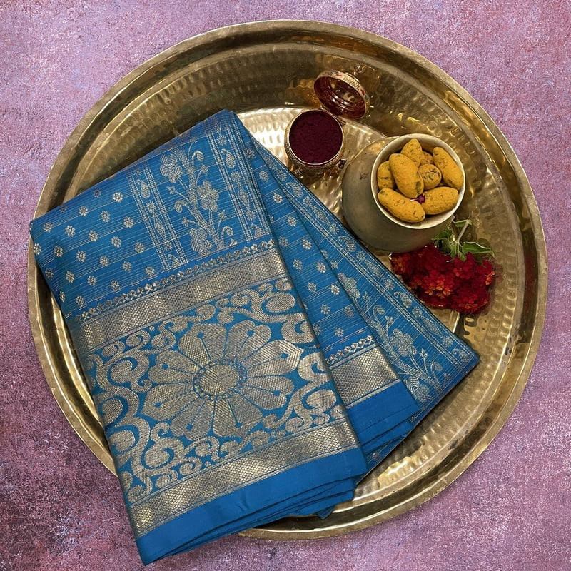 Dome Blue Kanchipuram with Ilai Brocade