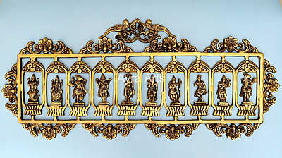Superfine Brass Dashavatara Wall hanging Panel Ten Incarnations of Lord Vishnu- 33 inch Lenght