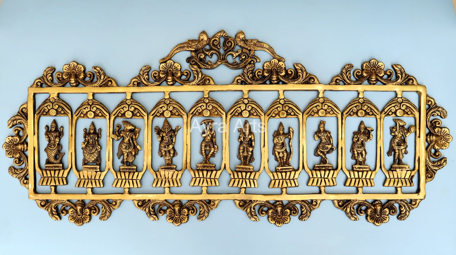 Superfine Brass Dashavatara Wall hanging Panel Ten Incarnations of Lord Vishnu- 33 inch Lenght