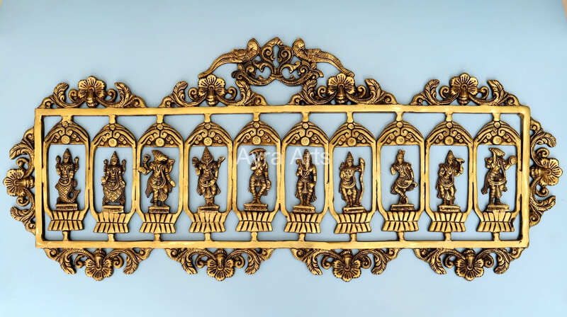 Superfine Brass Dashavatara Wall hanging Panel Ten Incarnations of Lord Vishnu- 33 inch Lenght