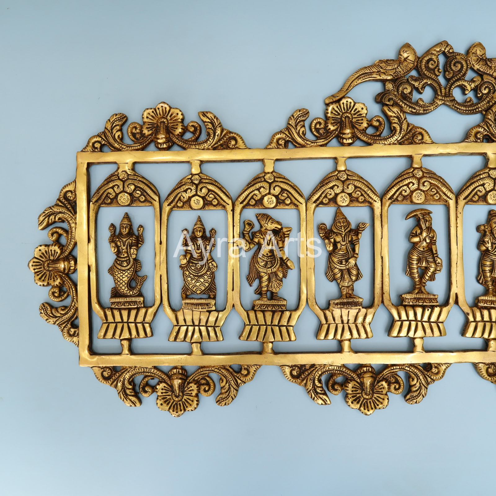 Superfine Brass Dashavatara Wall hanging Panel Ten Incarnations of Lord Vishnu- 33 inch Lenght