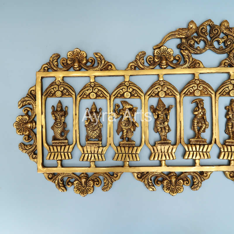 Superfine Brass Dashavatara Wall hanging Panel Ten Incarnations of Lord Vishnu- 33 inch Lenght