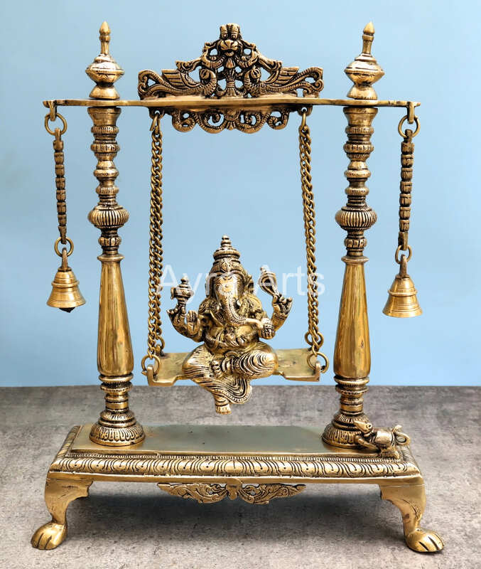 Brass Idol Ganesha Sitting on Swing jhula - 16 inch Height