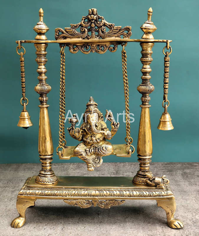 Brass Idol Ganesha Sitting on Swing jhula - 16 inch Height