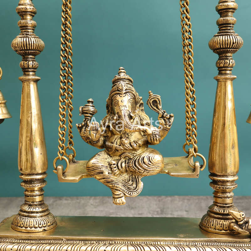 Brass Idol Ganesha Sitting on Swing jhula - 16 inch Height