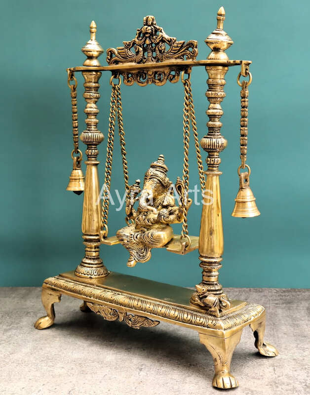 Brass Idol Ganesha Sitting on Swing jhula - 16 inch Height