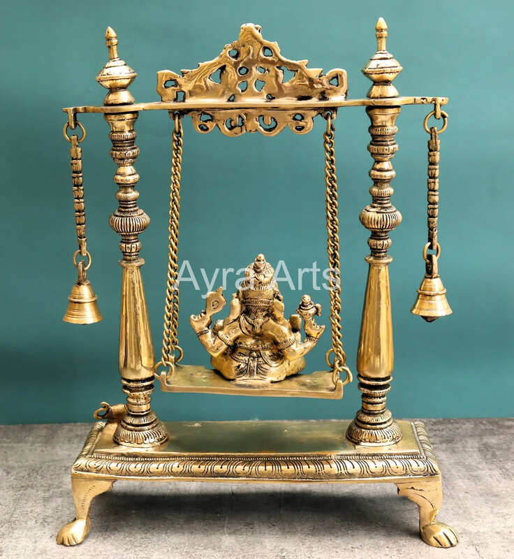Brass Idol Ganesha Sitting on Swing jhula - 16 inch Height