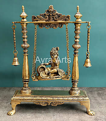 Brass Krishna Statue On Swing Butter Krishna Idol on Jhula for Home Decor Temple Mandir - 16 inch Height