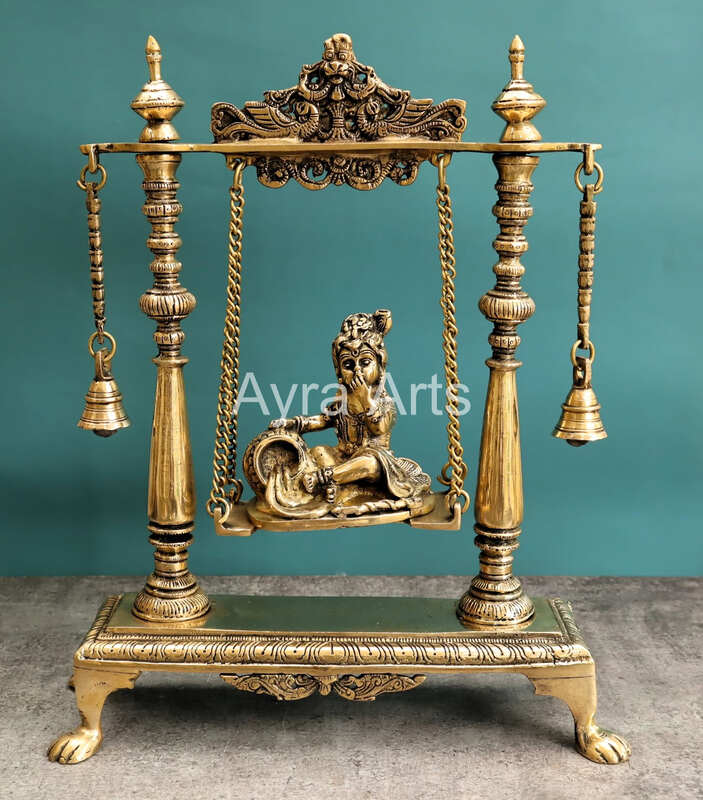 Brass Krishna Statue On Swing Butter Krishna Idol on Jhula for Home Decor Temple Mandir - 16 inch Height
