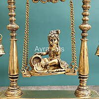 Brass Krishna Statue On Swing Butter Krishna Idol on Jhula for Home Decor Temple Mandir - 16 inch Height