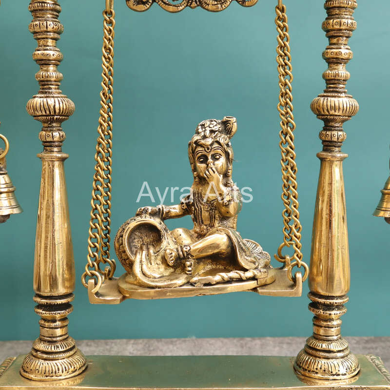Brass Krishna Statue On Swing Butter Krishna Idol on Jhula for Home Decor Temple Mandir - 16 inch Height