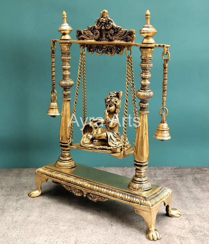 Brass Krishna Statue On Swing Butter Krishna Idol on Jhula for Home Decor Temple Mandir - 16 inch Height