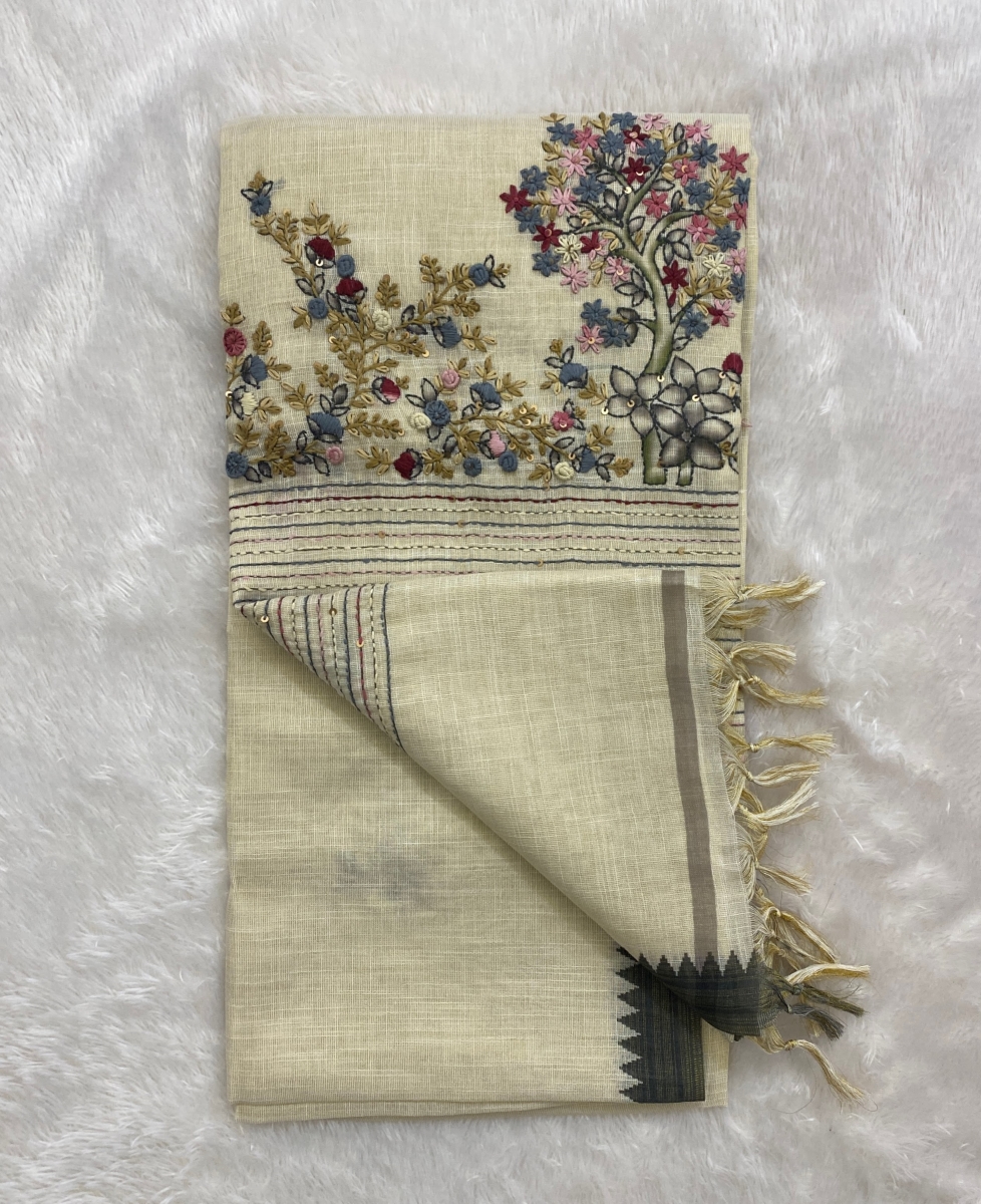 Saanvi White Base – The Linen French Knot Saree SWS151