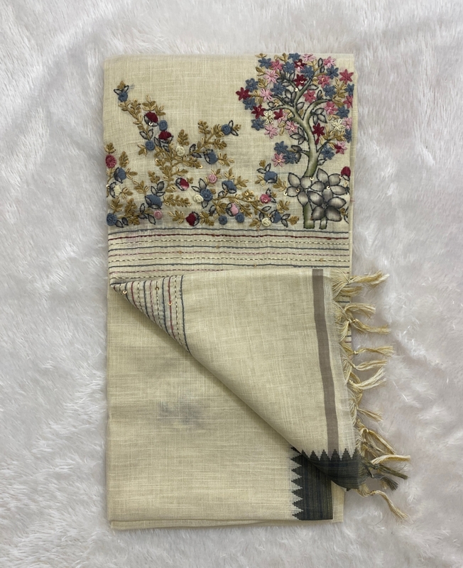 Saanvi White Base – The Linen French Knot Saree SWS151