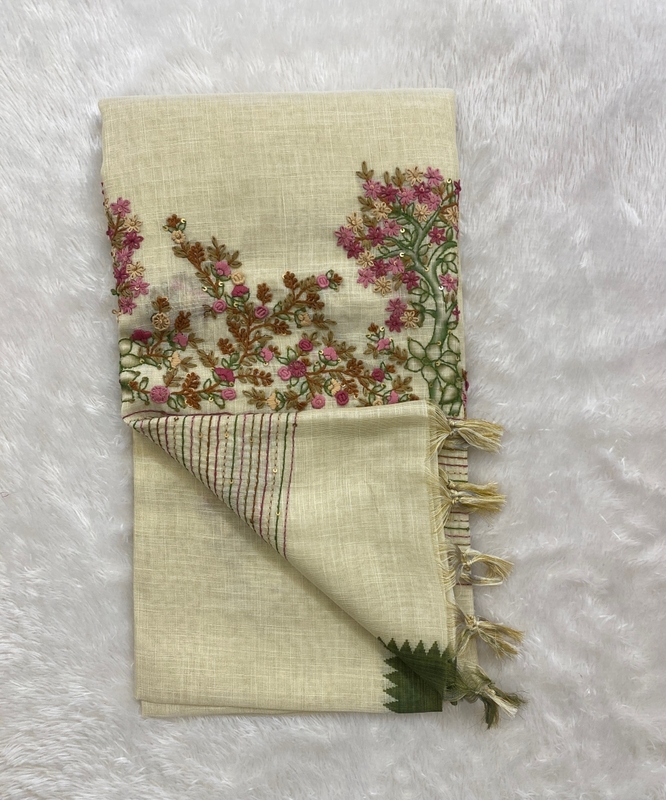 Saanvi White Base – The Linen French Knot Saree SWS151