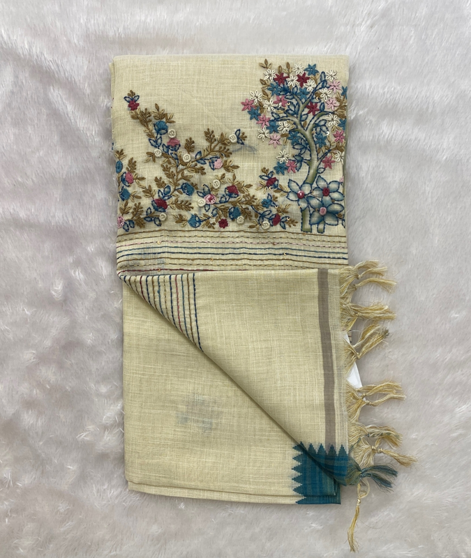 Saanvi White Base – The Linen French Knot Saree SWS151