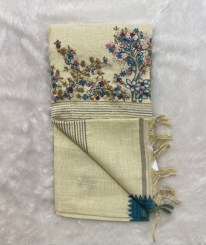 Saanvi White Base – The Linen French Knot Saree  SWS150