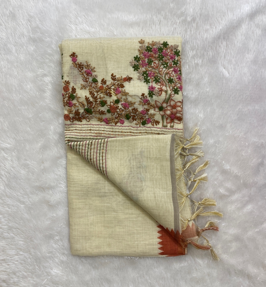 Saanvi White Base – The Linen French Knot Saree SWS150