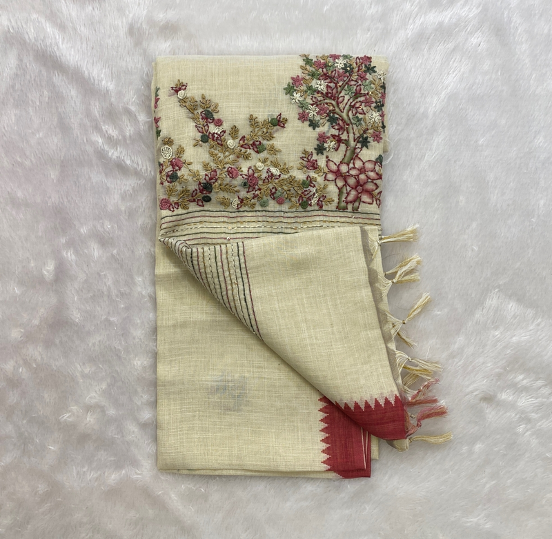 Saanvi White Base – The Linen French Knot Saree SWS151