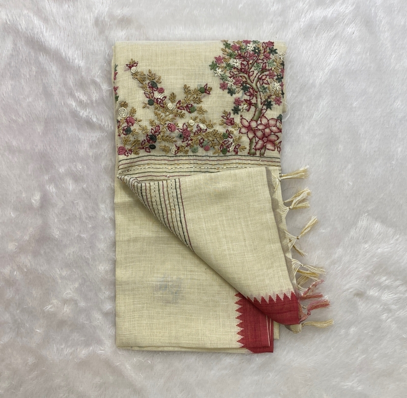 Saanvi White Base – The Linen French Knot Saree  SWS150