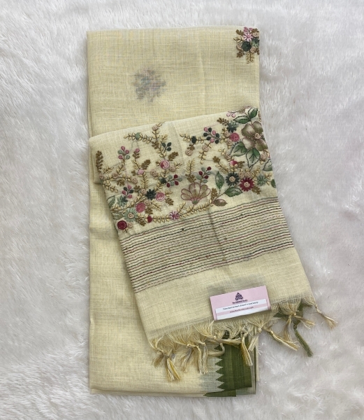 Saanvi White Base – The Linen French Knot Saree SWS156