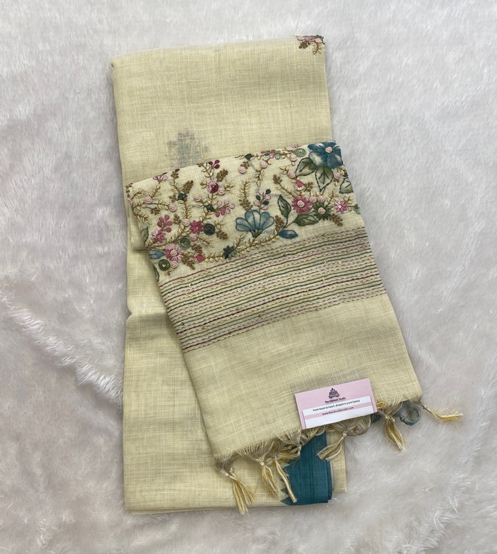 Saanvi White Base – The Linen French Knot Saree SWS156